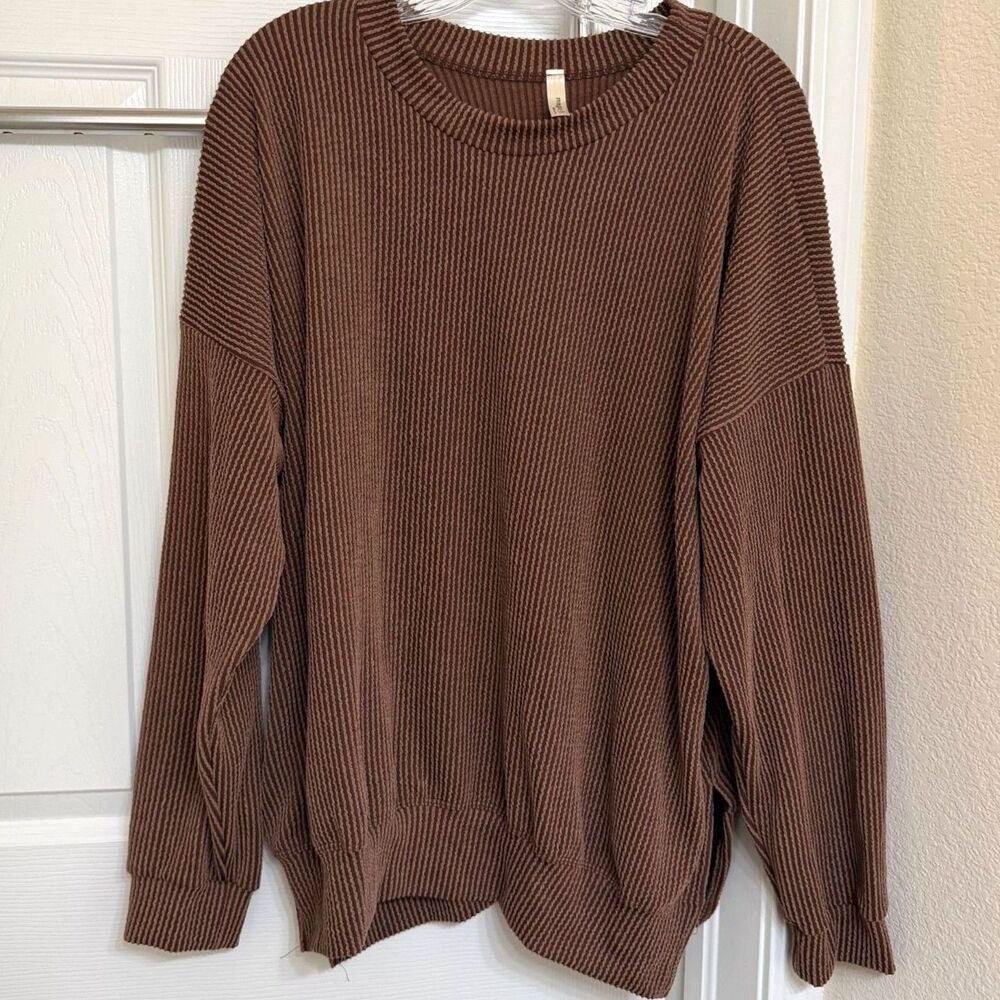 Pressley Raised Rib Knit Long Sleeve Madison and Mallory Brown Pullover L/XL